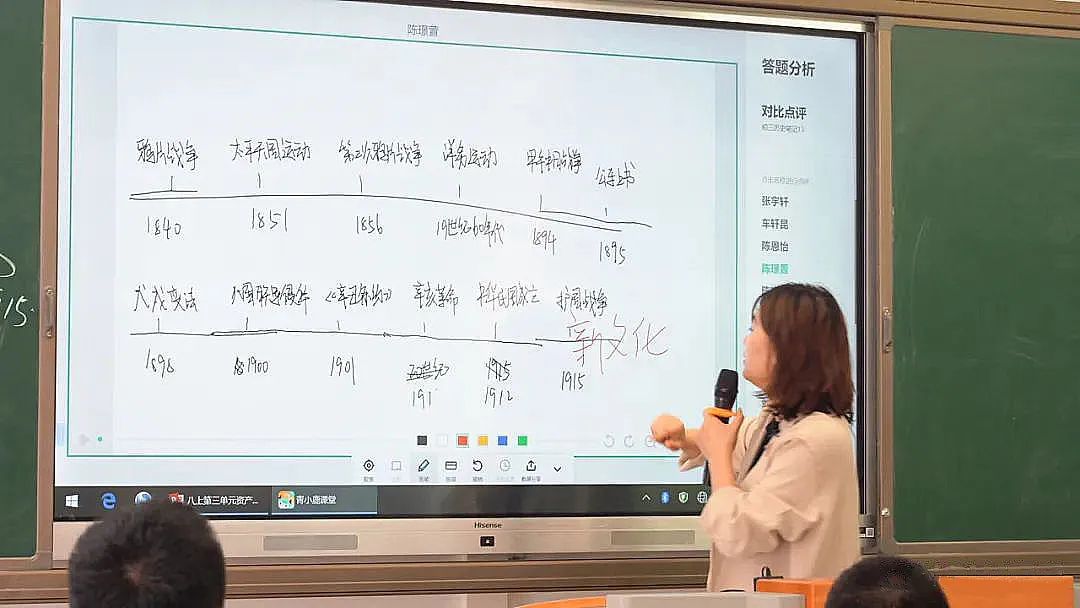 老師在教室大屏上隨機(jī)選擇學(xué)生的作答畫(huà)面進(jìn)行點(diǎn)評(píng)與糾錯(cuò).jpg